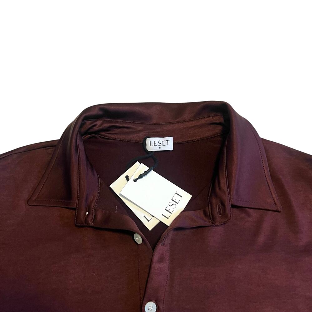 LESET Satin Long Sleeve Polo Blouse in Burgundy - Picture 5 of 11